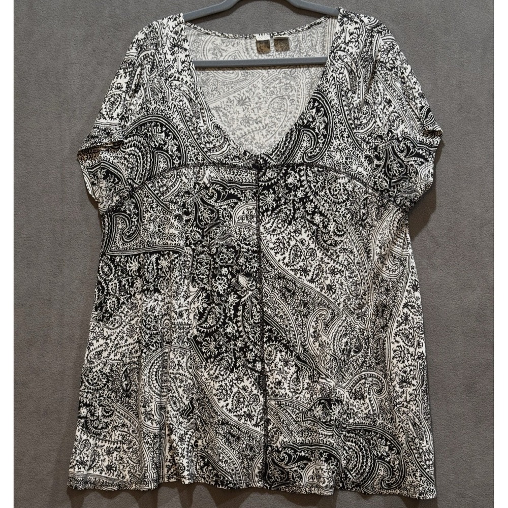 Artisan NY Womens‎ 1X Paisley V-Neck Tunic Top Black White Short Sleeve Stretch